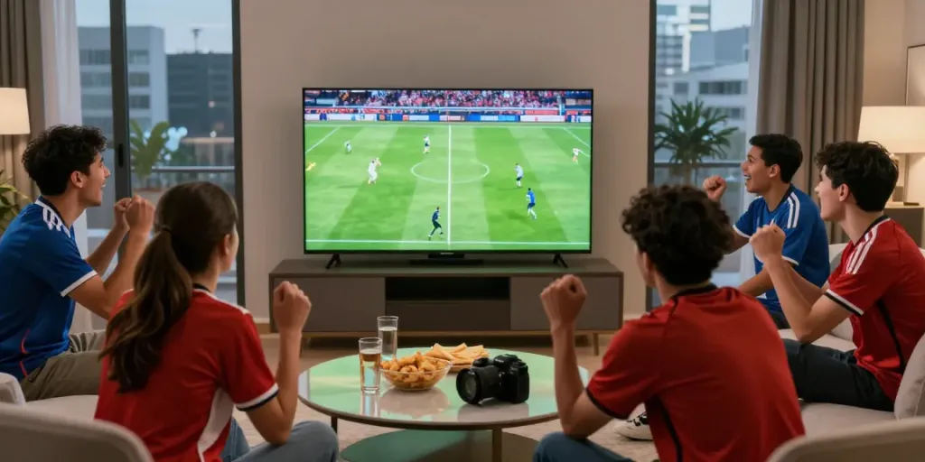 해외축구중계를 즐기는 친구들, 현대적인 거실에서 응원하는 모습