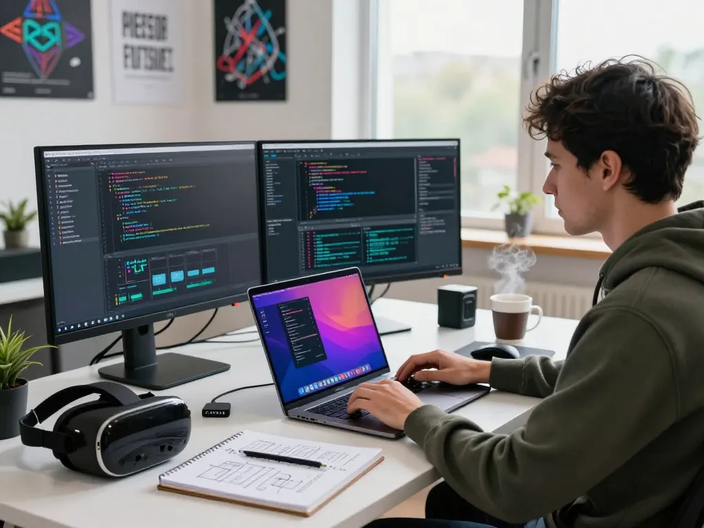 Focused developer using clawdbot ai on laptop in modern workspace with dual monitors and gadgets.