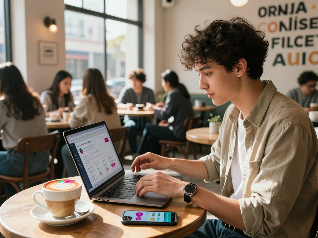 Instagram いいね 購入に関する現代的なソーシャルメディアマーケティングのシーン、カフェでデジタルマーケターが分析中。