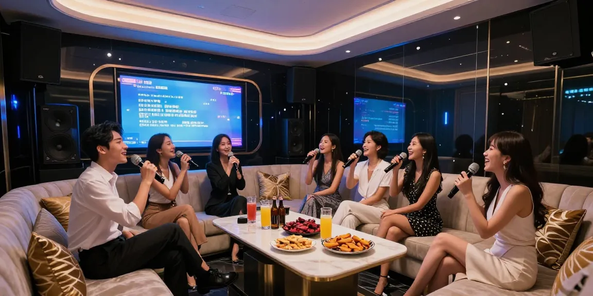 강남쩜오에서 프리미엄 노래방을 즐기는 모습, 고급스러운 음향 시스템과 아늑한 조명 속에서 친구들과 함께하는 즐거운 시간.