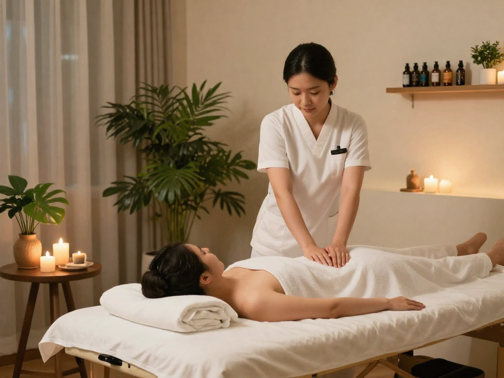 송파출장마사지 session in a serene home environment with soothing lighting and professional therapist.