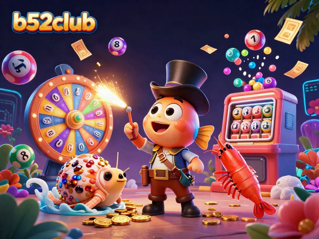 Experience exciting gameplay with b52club's anglerfish and shrimp in this colorful, engaging casino scene.
