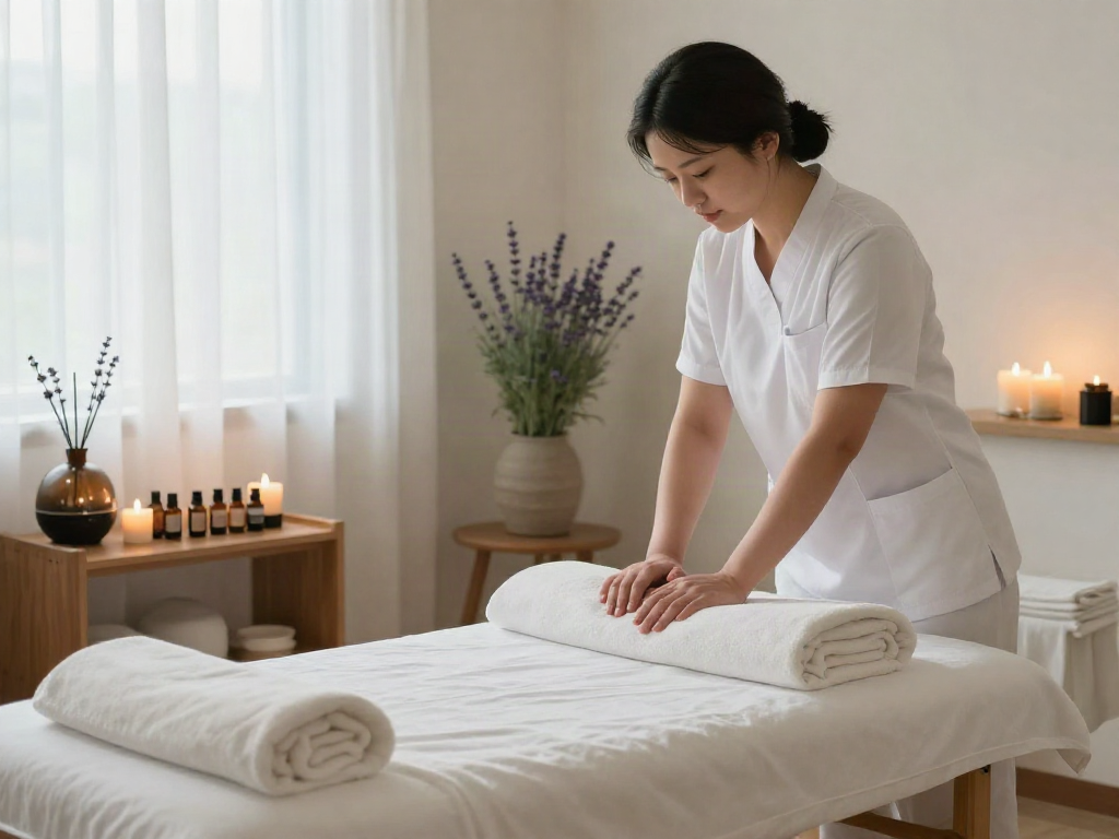Calming massage therapy room set for 성남출장마사지 with soothing elements.