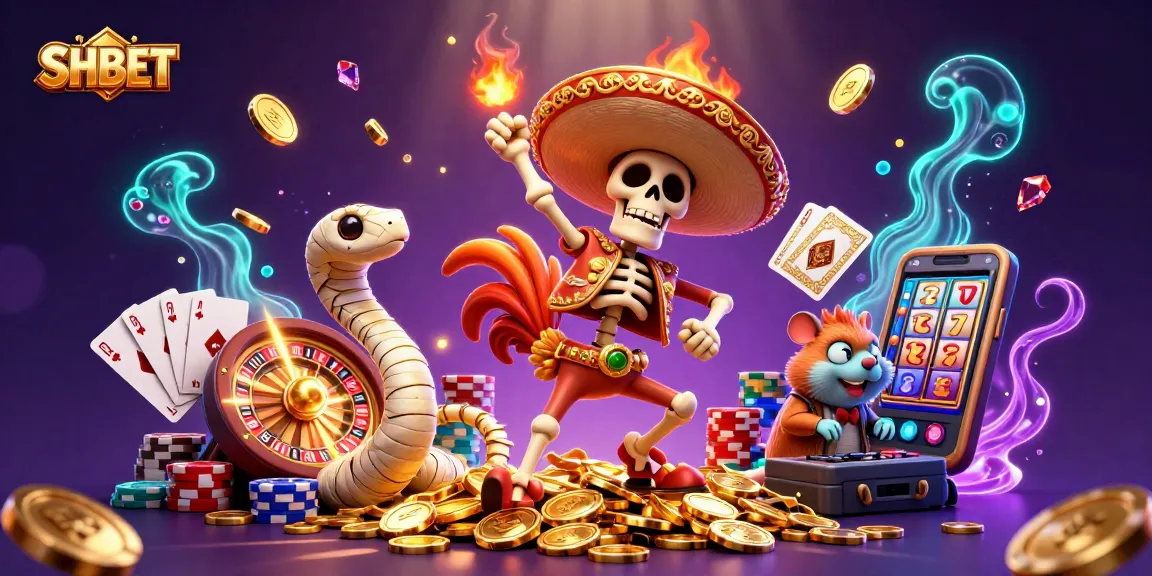 SHBET's vibrant scene with a skeleton mariachi rooster, mummy snake, and zombie DJ amidst casino elements, celebrating wins.