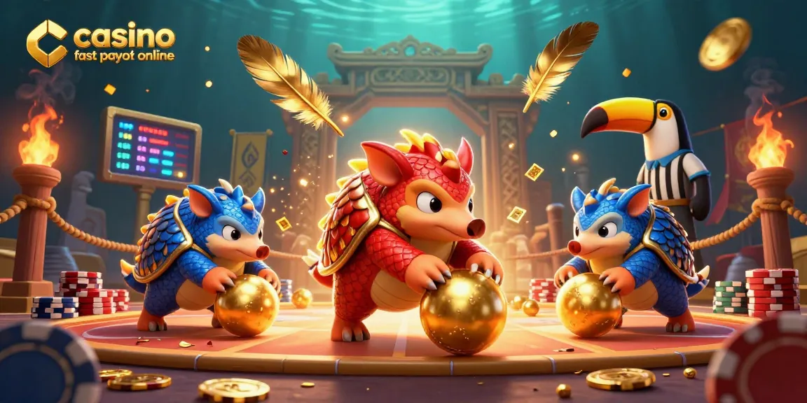 Experience casino fast payout online with this vibrant illustration of pangolins competing amid golden prizes and poker chips.