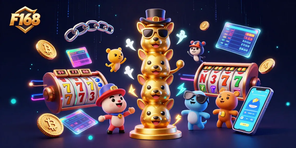 Experience thrilling gaming at F168 with vibrant slot elements and a dazzling golden totem.