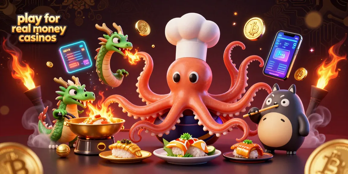 Play for real money casinos with a dynamic scene featuring a sushi chef octopus, wasabi dragon, and tanuki customer.