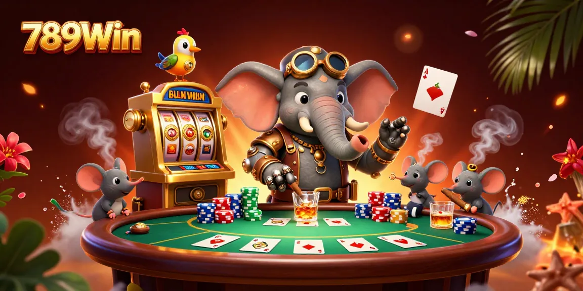 Engage in exciting gameplay at 789Win, featuring a steampunk elephant engineer and vibrant casino elements.